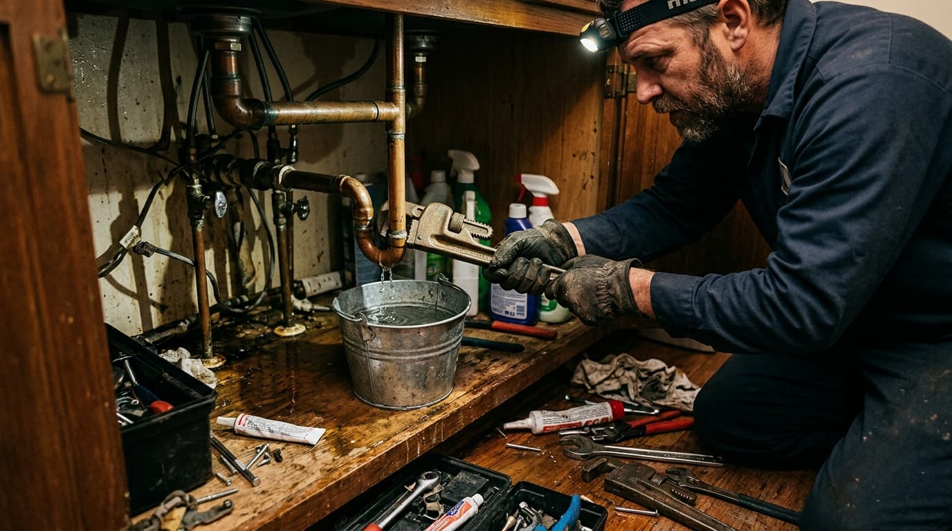 Emergency plumbing and pipe leak repair under kitchen sink